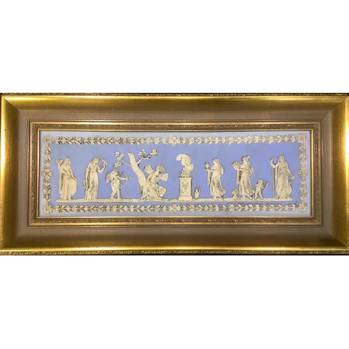 387 - A pair reproduction of Wedgwood style Jasperware wall plaques, sprigged with classical figures, 13.5... 