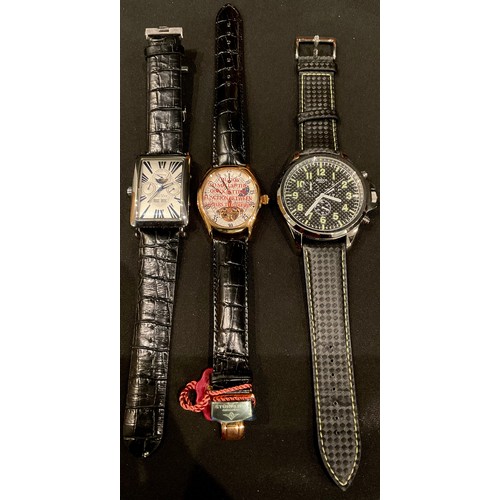 406 - A gentleman's fashion watch, Akribos XXIV, boxed; two others, Akribos Automatic, Stuhrling, all boxe... 