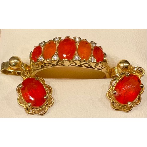 442 - An 18ct gold graduated five stone Mexican fire opal ring, size O, 4.7g; a pair of 9ct gold earrings ... 