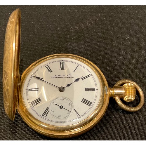 460 - A Edwardian gold plated half hunter pocket watch, the cover engraved and chased with stiff leaves, f... 