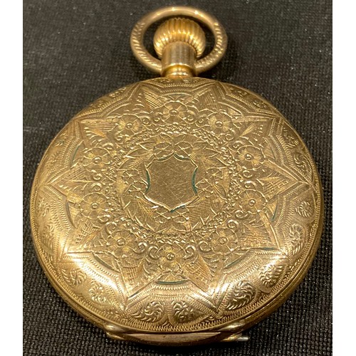 460 - A Edwardian gold plated half hunter pocket watch, the cover engraved and chased with stiff leaves, f... 