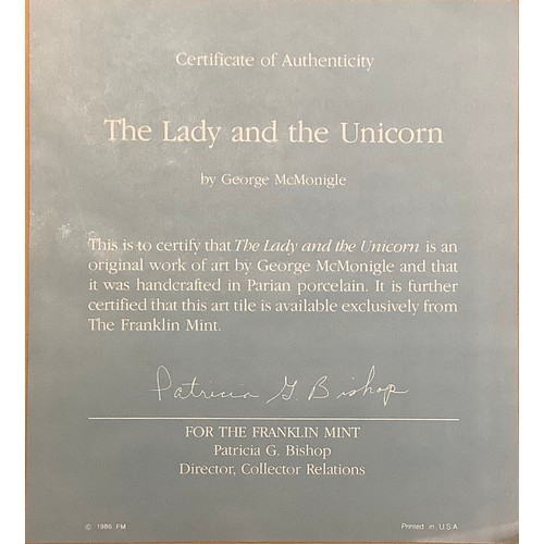 471 - A Franklin Mint parian porcelain plaque, by George McMonigle, The Lady and the Unicorn, 29c, x 21.5c... 