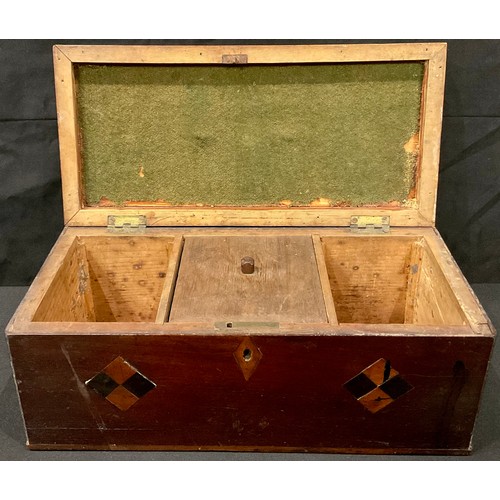 474 - A George III mahogany and parquetry rectangular tea caddy, brass swan neck handle, 30cm wide, c.1810