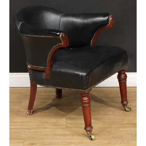 16 - A Victorian club or desk chair, stuffed-over upholstery with studded border, turned forelegs, 73.5cm... 