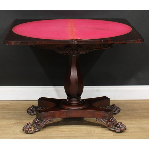 106 - A William IV rosewood card table, fault to hinges, panelled baluster column, incurve base, paw feet,... 