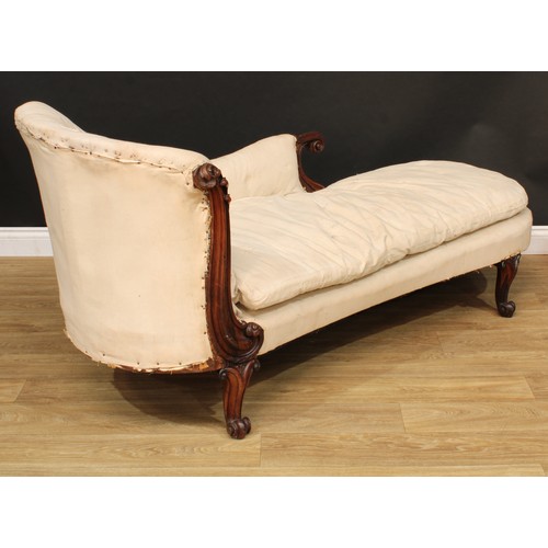 109 - A 19th century rosewood chaise longue, the frame carved with scrolls and acanthus, 83.5cm high, 180c... 