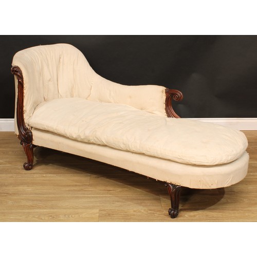 109 - A 19th century rosewood chaise longue, the frame carved with scrolls and acanthus, 83.5cm high, 180c... 