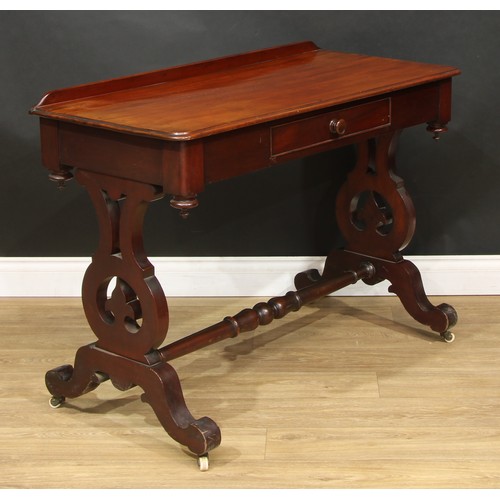 118 - A mid-19th century mahogany side table, rectangular top with shallow half-gallery above a single fri... 