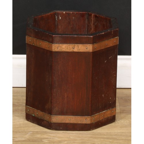 205 - A coopered oak fuel or log bin, 41cm high, the top 25cm diameter; a similar octagonal fireside bin, ... 