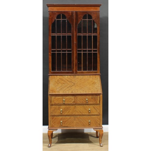 214 - An early 20th century mahogany bureau bookcase, 205cm high, 81.5cm wide, 50cm deep