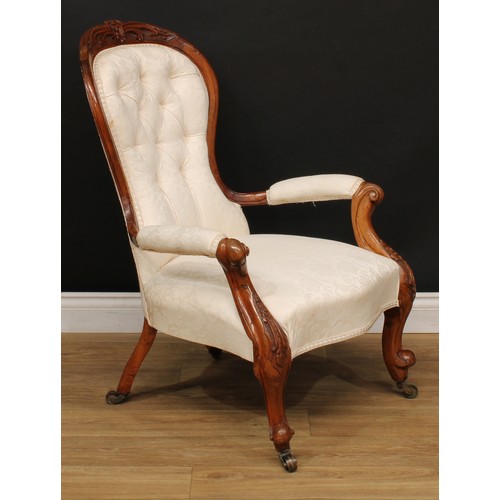 522 - A Victorian spoon back open armchair, 95cm high, 67cm wide, the seat 48cm wide and 47cm deep; a set ... 