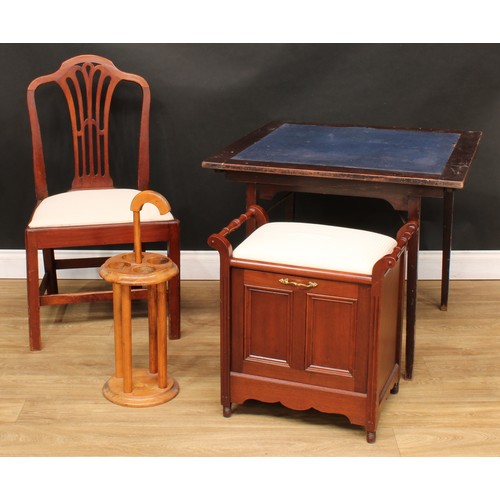 544 - An early 20th century patent square card table; piano stool; George III style side chair; walking st... 