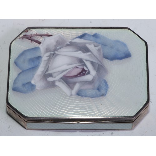 114 - A German silver and guilloche enamel canted rectangular snuff box, hinged cover painted with a rose,... 