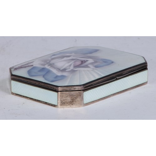 114 - A German silver and guilloche enamel canted rectangular snuff box, hinged cover painted with a rose,... 