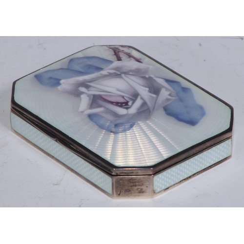 114 - A German silver and guilloche enamel canted rectangular snuff box, hinged cover painted with a rose,... 