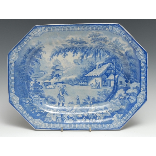 371 - A Brameld Rockingham canted rectangular plate, transfer printed in blue and white with Returning Woo... 