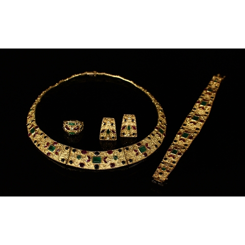 328 - An 18ct gold Byzantine inspired emerald, ruby, diamond and sapphire parure, comprising ring, necklac... 