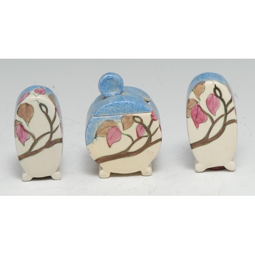 361 - A Clarice Cliff Bizarre Blue Japan pattern three piece cruet set, decorated with stylised pink leave... 