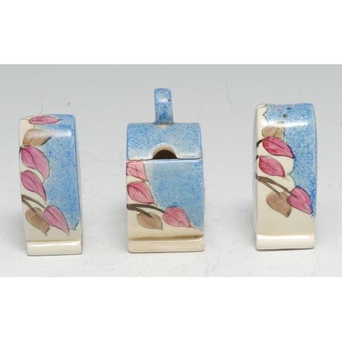 361 - A Clarice Cliff Bizarre Blue Japan pattern three piece cruet set, decorated with stylised pink leave... 