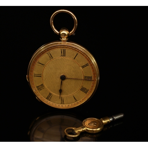 293 - An 18ct gold open face pocket watch, the matt and engine turned dial with Roman numerals, the case w... 