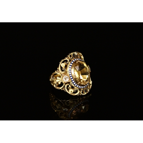 327 - A Victorian style citrine, diamond and enamel ring, the central oval faceted stone flanked by diamon... 