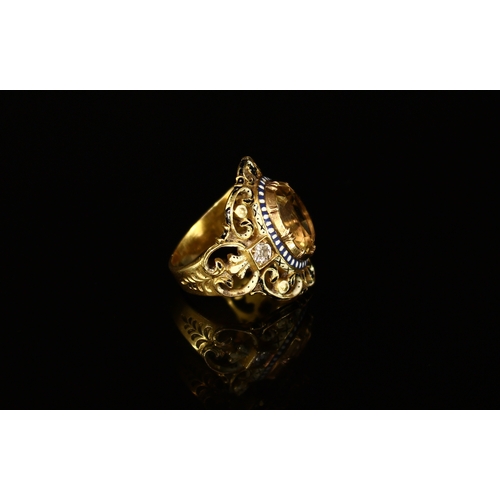 327 - A Victorian style citrine, diamond and enamel ring, the central oval faceted stone flanked by diamon... 