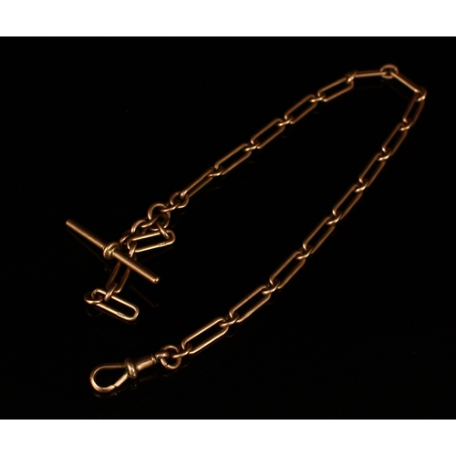 316 - A late 19th/early 20th century 9ct rose gold trombone link albert chain, t-bar and clasp, 36cm in le... 