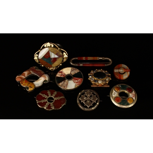 342 - Eight late 19th/early 20th century Scottish hardstone brooches, various designs, some silver colour ... 