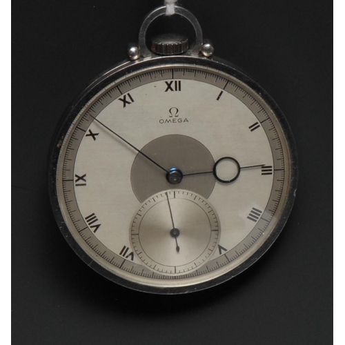 297 - An Omega stainless steel open faced pocket watch, 4cm two-tone matt silvered dial inscribed with Rom... 