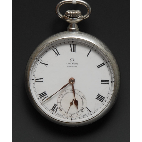 295 - An Omega silver plated open faced pocket watch4cm enamel dial with Roman numerals, subsidiary second... 