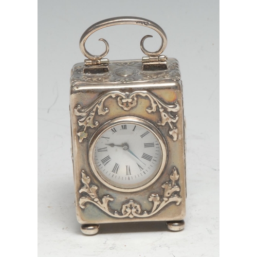 124 - A late Victorian silver miniature carriage timepiece, 3cm enamel clock dial inscribed with Roman num... 