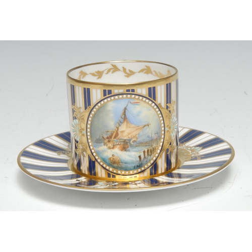 622 - A Lynton cabinet coffee can and stand, painted by Stefan Nowacki, monogrammed, with a Dutch schooner... 