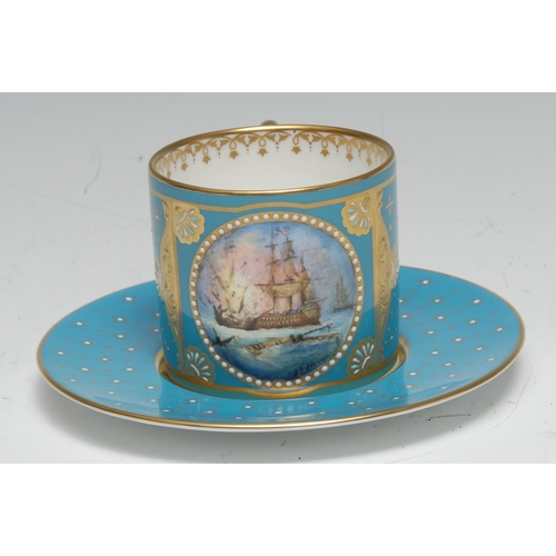 621 - A Lynton cabinet coffee can and stand, painted by Stefan Nowacki, monogrammed, with a British man-of... 