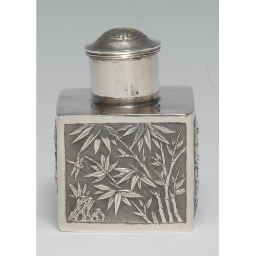 45 - A Chinese silver square tea caddy, chased with a monumental landscape and the Three Friends of Winte... 