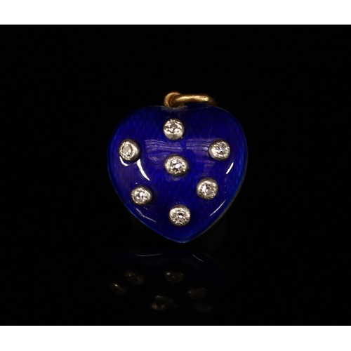 310 - A gold and blue guilloche enamel love heart pendant, illusion set with an arrangement of seven diamo... 