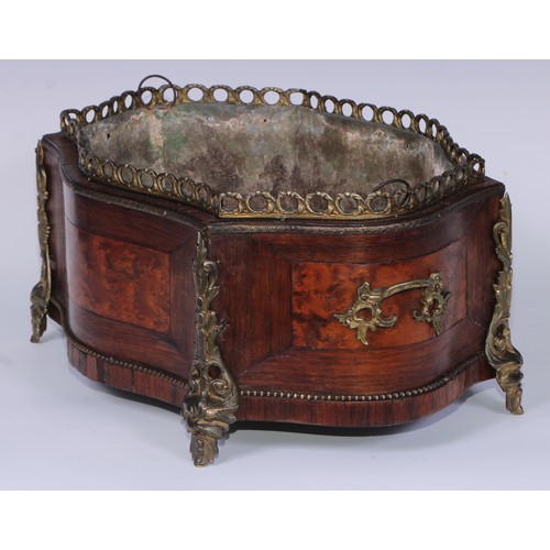 1808 - A 19th century French gilt metal mounted rosewood and walnut serpentine table jardiniere, handles to... 