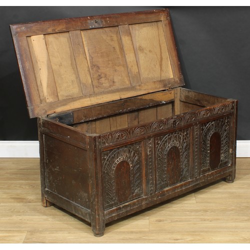 1809 - A 17th/early 18th century oak three panel blanket chest, 56cm high, 118cm wide, 53.5cm deep, c.1700