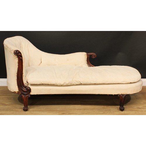 1810 - A 19th century rosewood chaise longue, the frame carved with scrolls and acanthus, 83.5cm high, 180c... 