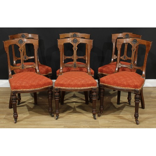 1813 - A set of six late Victorian Aesthetic Movement oak and ebonised dining chairs, stuffed-over seat, tu... 