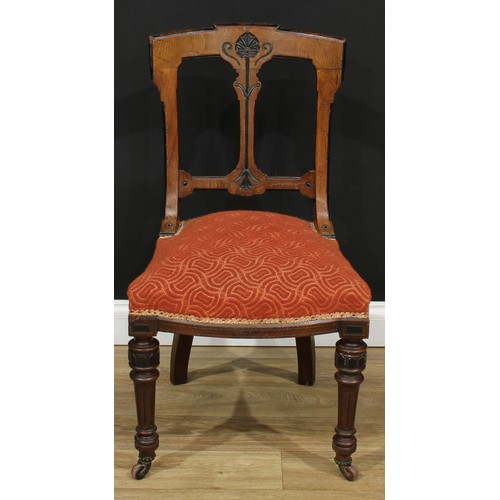 1813 - A set of six late Victorian Aesthetic Movement oak and ebonised dining chairs, stuffed-over seat, tu... 