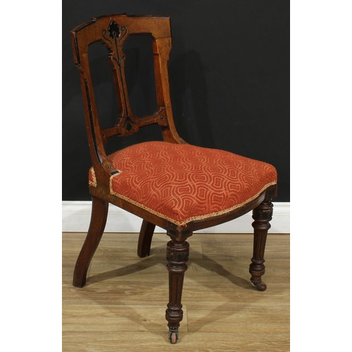 1813 - A set of six late Victorian Aesthetic Movement oak and ebonised dining chairs, stuffed-over seat, tu... 