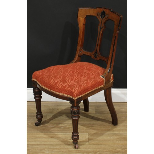 1813 - A set of six late Victorian Aesthetic Movement oak and ebonised dining chairs, stuffed-over seat, tu... 