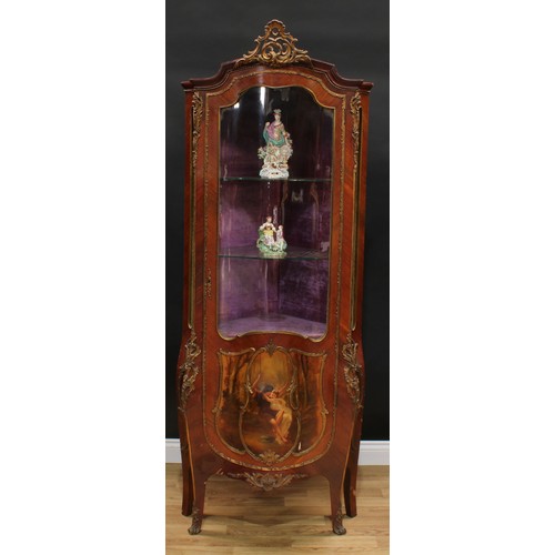 1814 - A Louis XV Revival gilt metal mounted Vernis Martin corner vitrine display cabinet, shaped top with ... 