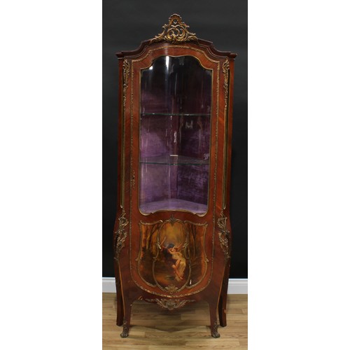 1814 - A Louis XV Revival gilt metal mounted Vernis Martin corner vitrine display cabinet, shaped top with ... 