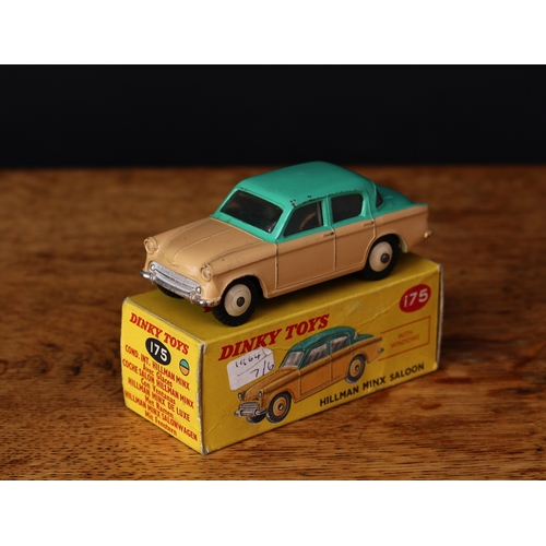 3070 - Dinky Toys 175 Hillman Minx saloon with windows, fawn/flesh body with green rood and boot, beige rid... 