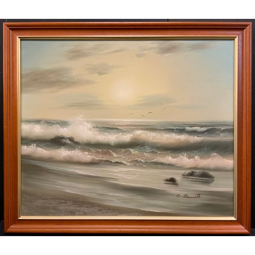 62 - C. Barrett, Dawn light over the Atlantic shore, signed, oil on canvas, 50cm x 60cm.