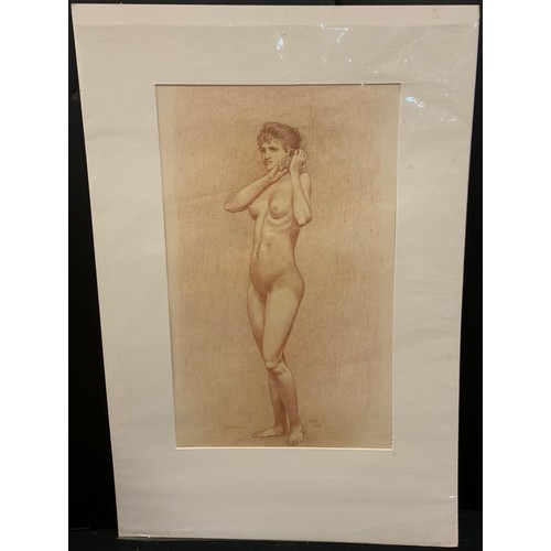 87 - Victorian school, Study of a nude lady, signed with monogram G. H., dated 1898, red chalk, 56cm x 34... 