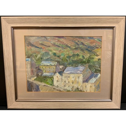 88 - Impressionist school, in the manner of Donald Ossary Dunlop, Mill Houses by the Moor, oil on board, ... 