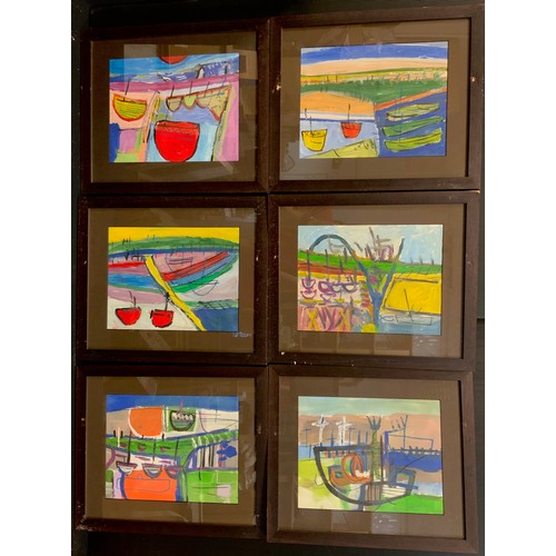 98 - British Modern school, a set of seven abstract compositions, with boats, oil on paper, 20cm x 26cm, ... 