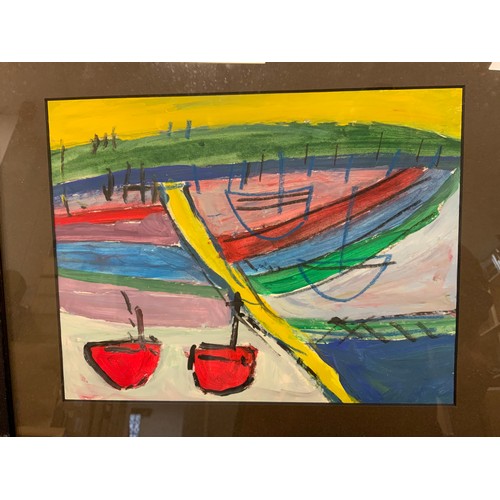 98 - British Modern school, a set of seven abstract compositions, with boats, oil on paper, 20cm x 26cm, ... 